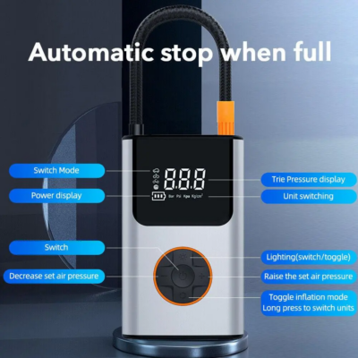 Introducing our exclusive Car Tire Inflator in a New Multi function Portable Handheld Wireless – a perfect blend of style and functionality for motorcycle, bicycle, football and car tire. Made with USB chargeable design, this Portable Inflator boasts a 4000 mAh 150 PSI. Unique design that not only captivates the eye but also ensures durability.

Main features
Multi purpose
Tire compressor pump
3 nozzle included
Minimalistic packaging
Small in size with a storage bag
LED flashlight
Automatic inflator with preset function
Preset pressure auto start auto stop
3 lighting mode
Automatic stop when full
Digital display

Equipped with 3 nozzle replacement for multiple usage. Minimalist packaging, conveniently so you can either gift if to a family or friend. The simplicity innovative design not only provides convenience and simple to use, but also looks elegant in design.

Experience ultimate design specifically made with Car, motorcycle, bicycle and football in mind with removable cover easy to store and highly effective inflator system.

Upgrade your car with Car Tire Inflator in a New Multi function Portable that can help reduce number of regular visit to car garage to check tire pressure or top up tire pressure. Embrace style, convenience, and wonderful experience.

For more DM us on our social media. For X click here

You may also like our car tent for parking shade click here for more

We deliver GCC:

Available in Bahrain, Saudi Arabia, UAE, Qatar, Kuwait and Oman.

Kuwait all cities including: Salmiya, Ahmadi, Al Jahra, Mahboula, Fintas in addition to other areas.

UAE all cities including: Dubai, Abu Dhabi, Sharjah, Ajman, Al Ain, Ras Al-Khaimah besides other areas.

KSA all cities including: Riyadh, Al Khobar, Jeddah, Dammam, Taif, Abha, Al Sharqiyah, Madina, Tabuk furthermore other areas,

Bahrain all cities including: Manama, Hamad Town, Muharraq, Aali, Riffa, Isa Town, Aali, Sanad, Galali, Sitra, Budaiya, Jid Ali moreover other areas.

Qatar all cities including: Doha, Al Rayyan, Al Khor, Al Wakrah, Dukhan, Mesaieed as well as other areas.

Oman all cities including: Muscat, Nizwa, Sohar, Seeb, Sur and Salalah.